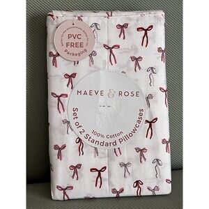 Maeve & Rose Standard Pillowcases Pair (2) Cotton White Pink Bows New